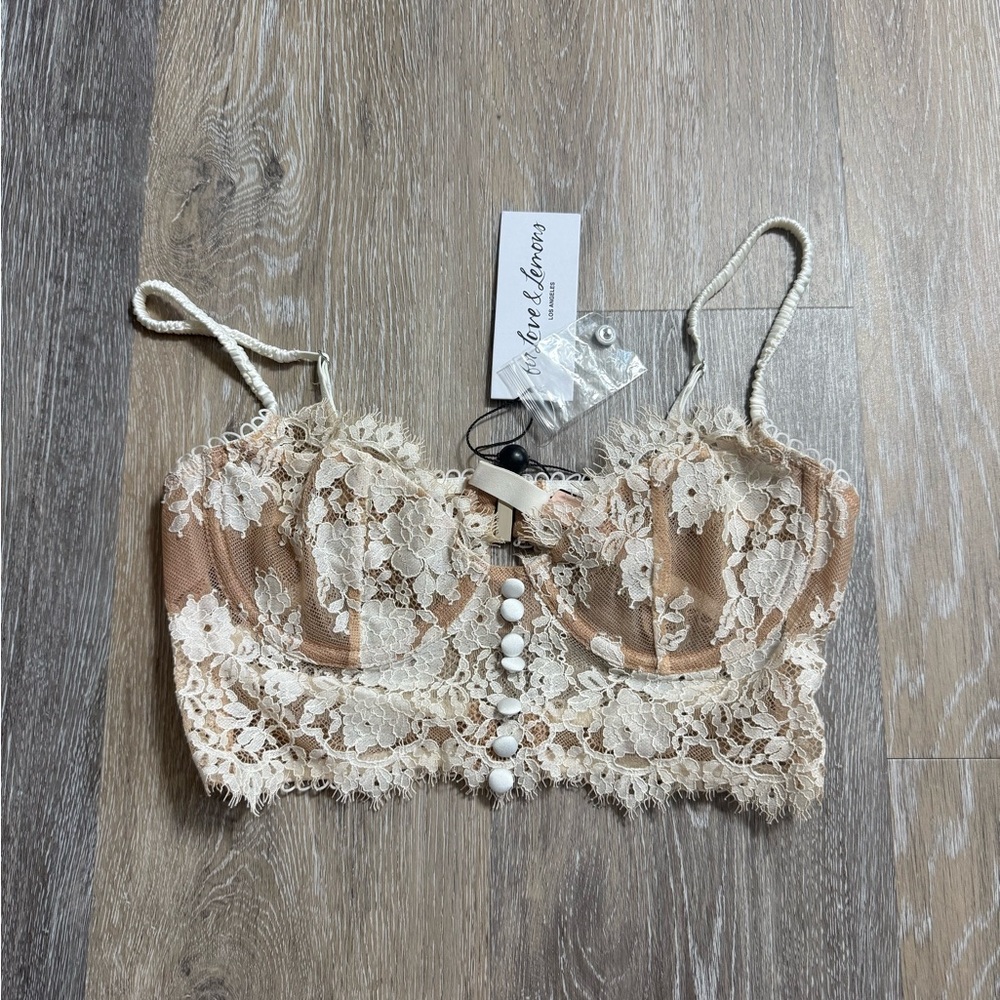 For Love And Lemons Lace Longline Bralette - Beige and Cream Floral